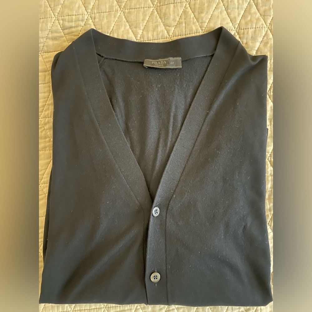 PRADA Made in Italy Lightweight Knit V-Neck Cardigan in Black Size 48